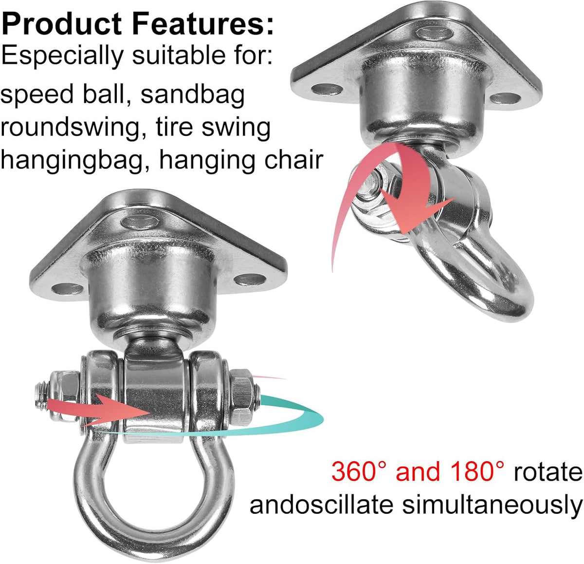 Dakzhou Stainless Steel Swing Hanger - 3-Hole 1500 lbs Heavy Duty Mount with 360° & 180° Silent Swivel