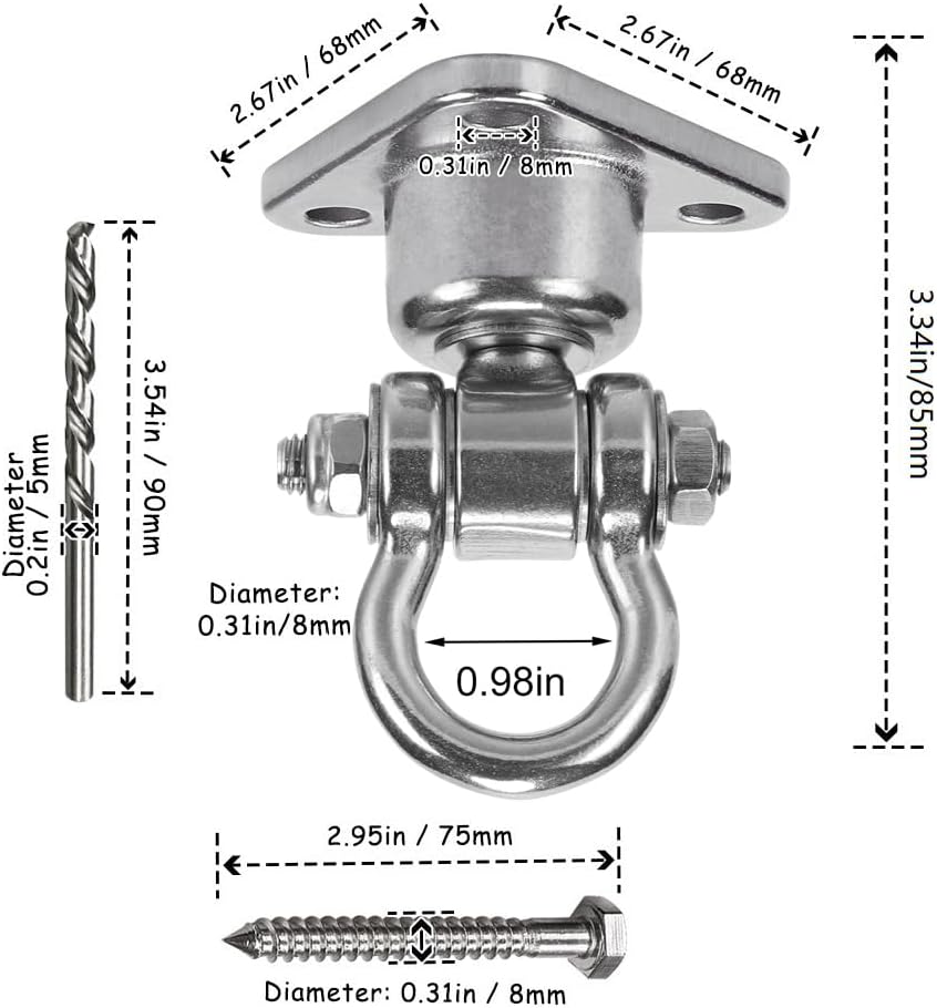 Dakzhou Stainless Steel Swing Hanger - 3-Hole 1500 lbs Heavy Duty Mount with 360° & 180° Silent Swivel