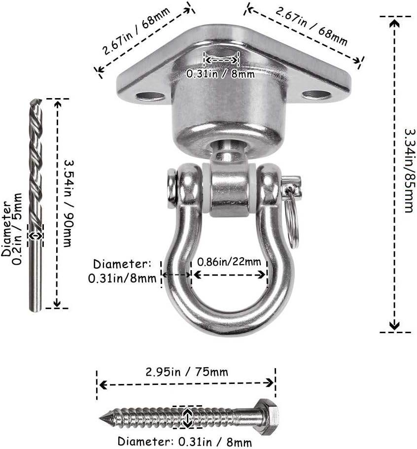 Dakzhou Stainless Steel Swing Hanger - 3-Hole 1500 lbs Heavy Duty Mount with 360° & 180° Silent Swivel