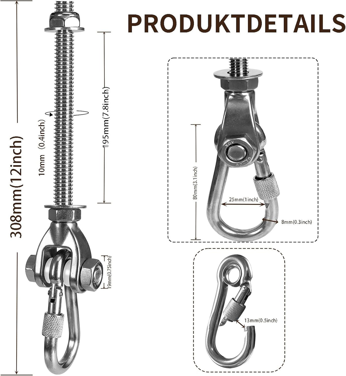 Dakzhou 180° Stainless Steel Swing Hooks & Carabiners