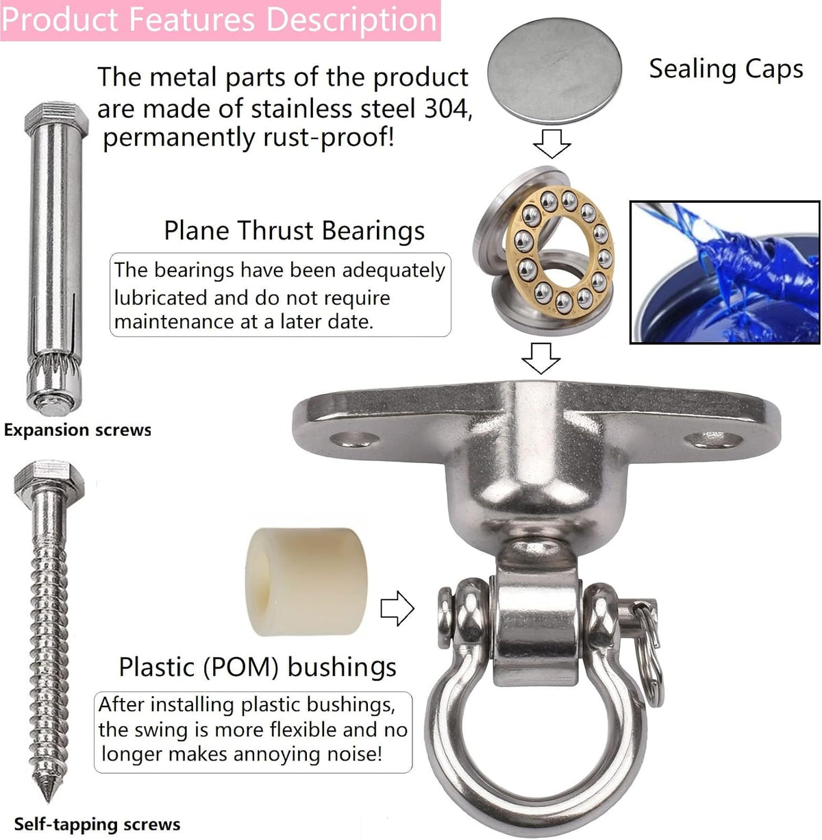Dakzhou Rust-Proof Swing Hanger (2-Hole) - 1500 lb Capacity Swivel Hook for Heavy Bags & Swings