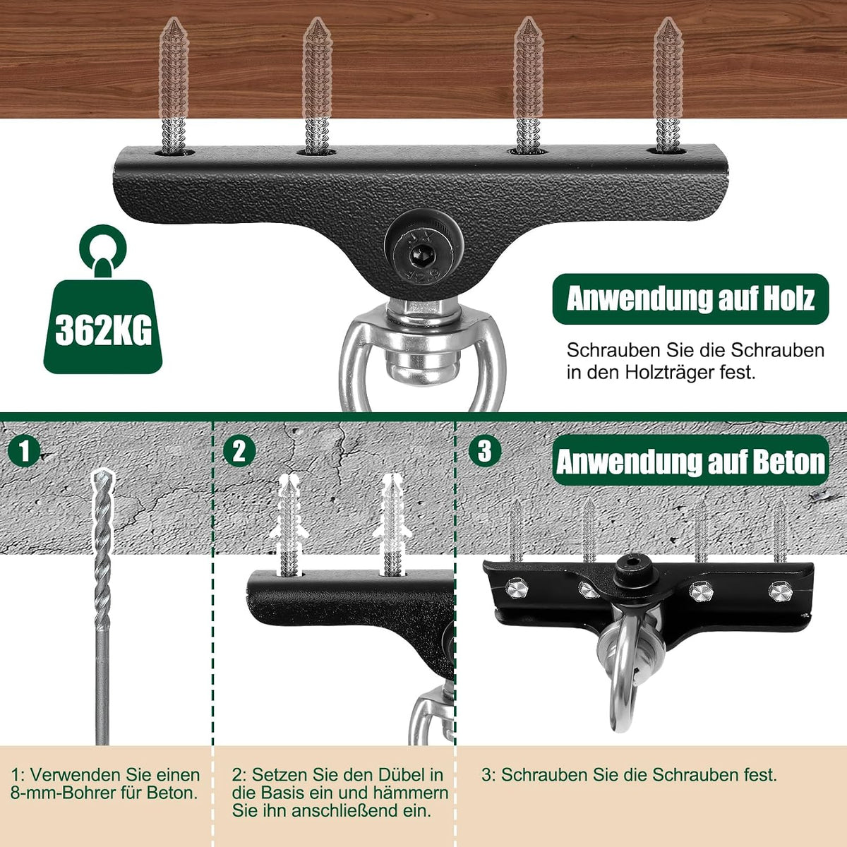Dakzhou 4-Hole Ceiling Hook for Punch Bags - 360° & 180° Silent Swivel Mount with Bearing