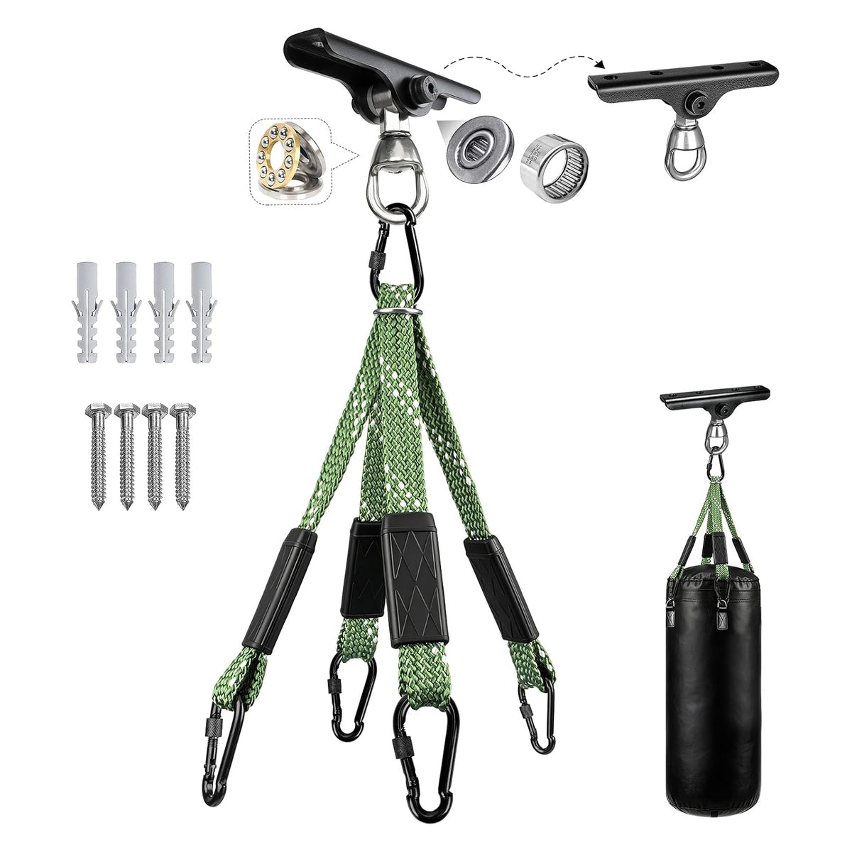 Dakzhou Heavy-Duty Punching Bag Hanger & Strap Set - 180° + 360° Swivel Ceiling & Wall Mount Hook