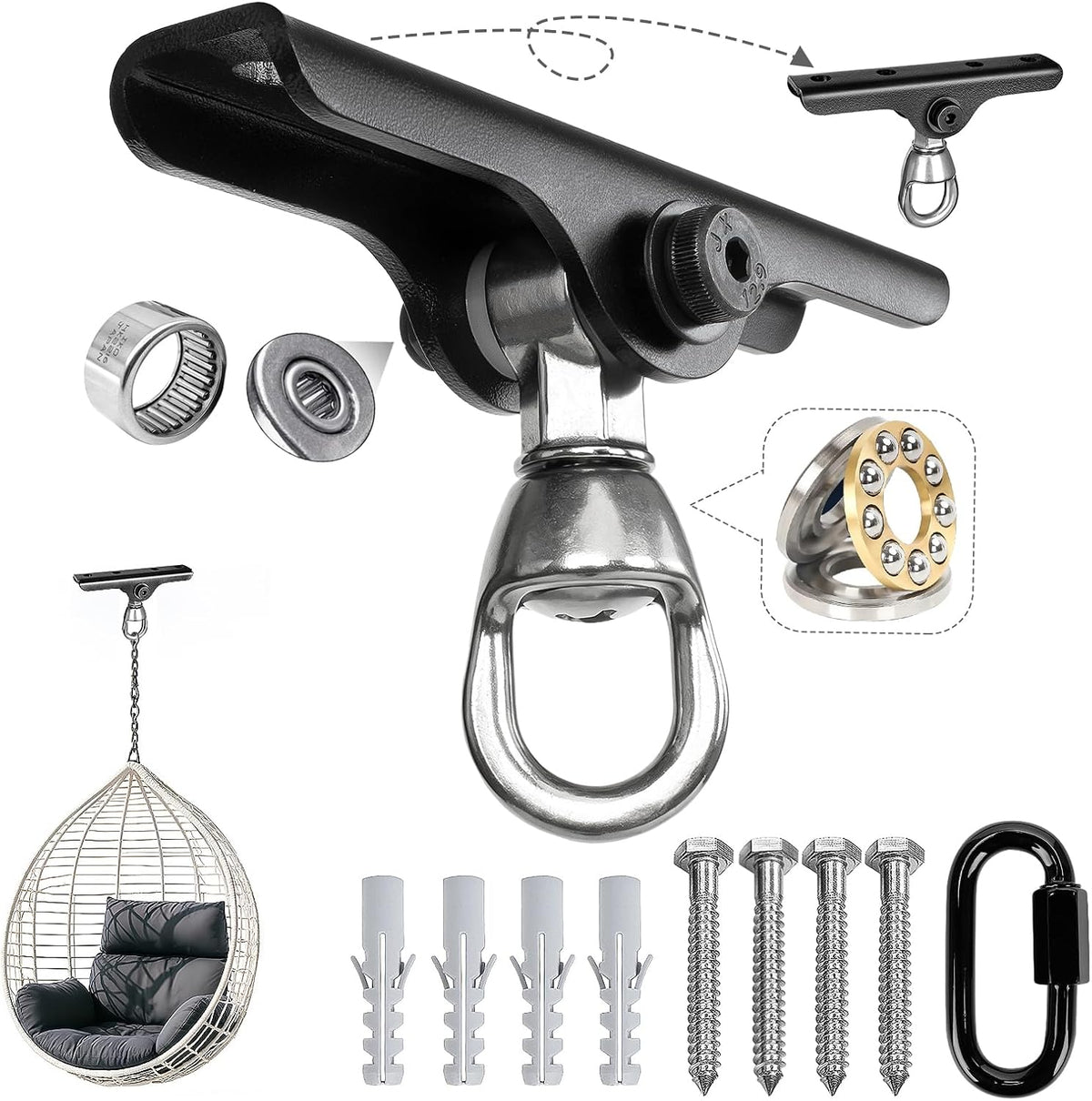 Dakzhou 4-Hole Ceiling Hook for Punch Bags - 360° & 180° Silent Swivel Mount with Bearing