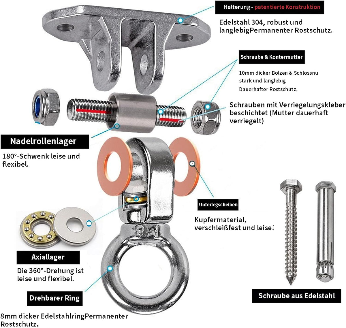 Dakzhou Stainless Steel Swing Hanger - 2-Hole 1500 lbs Heavy Duty Mount with 360° & 180° Silent Swivel