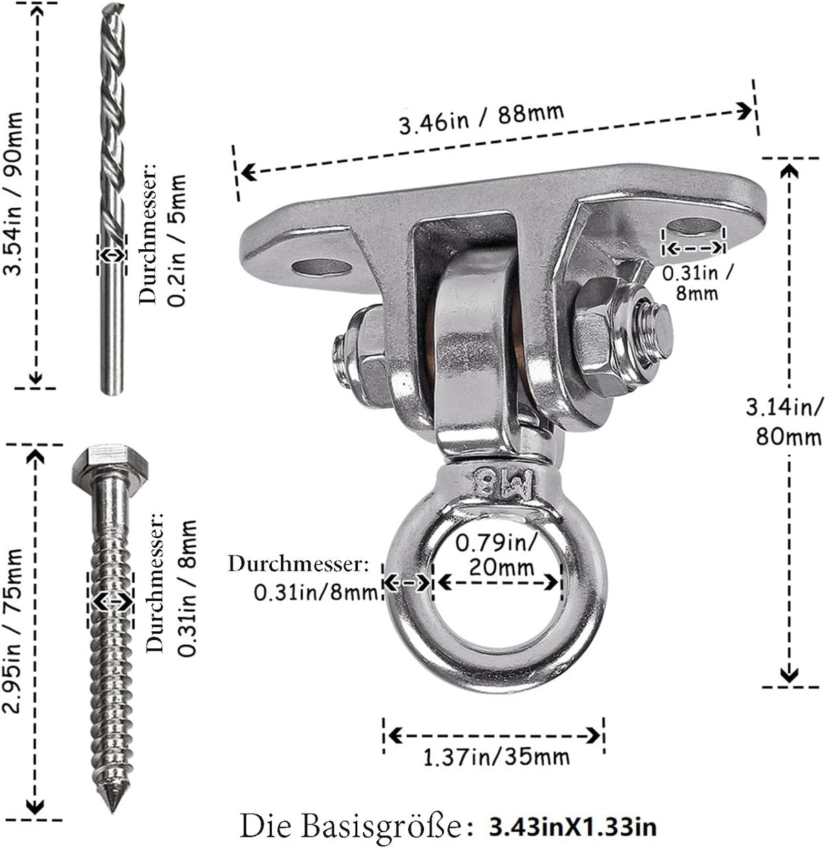 Dakzhou Stainless Steel Swing Hanger - 2-Hole 1500 lbs Heavy Duty Mount with 360° & 180° Silent Swivel