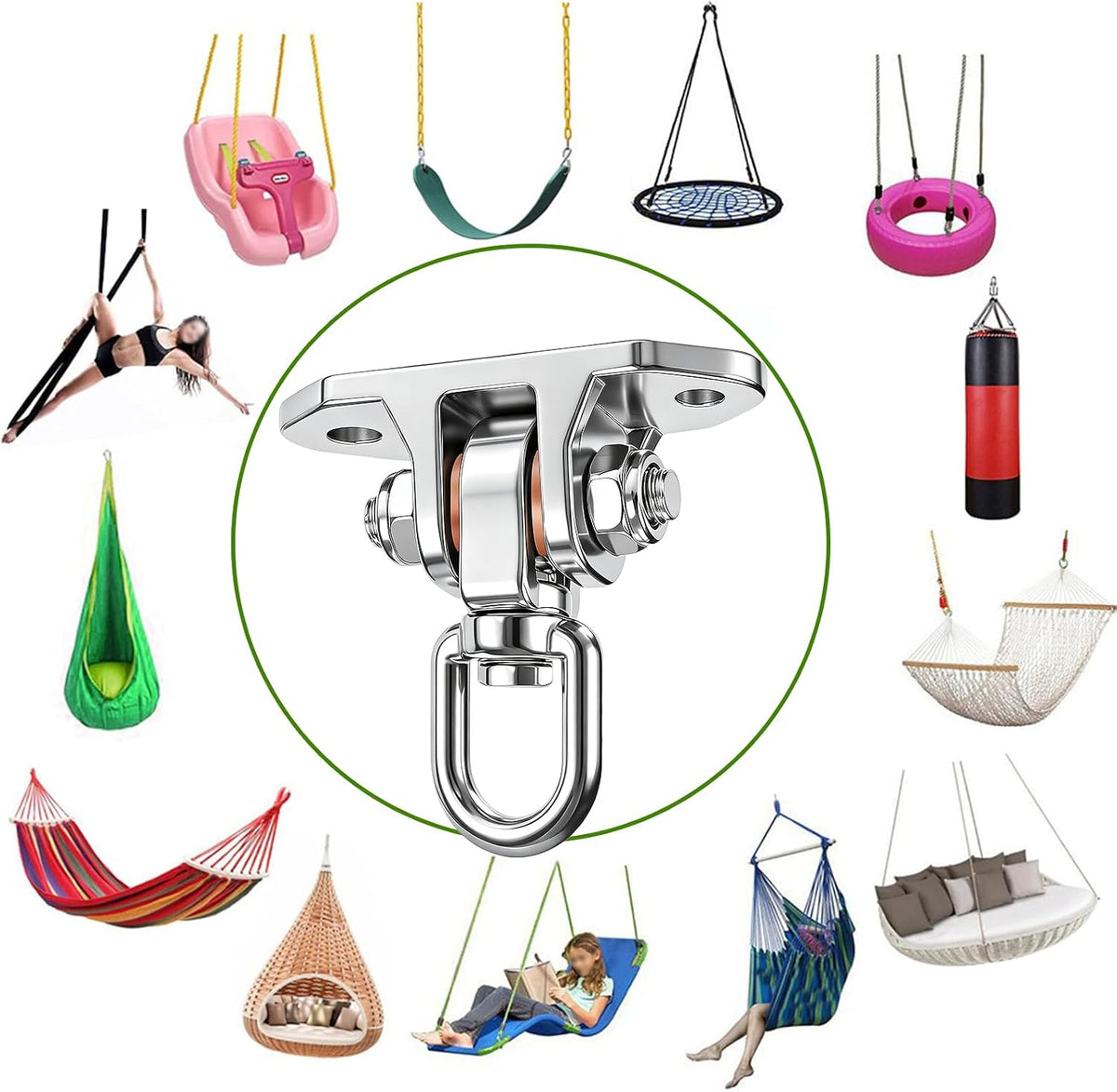 Dakzhou Stainless Steel Swing Hanger - 2-Hole 1500 lbs Heavy Duty Mount with 360° & 180° Silent Swivel