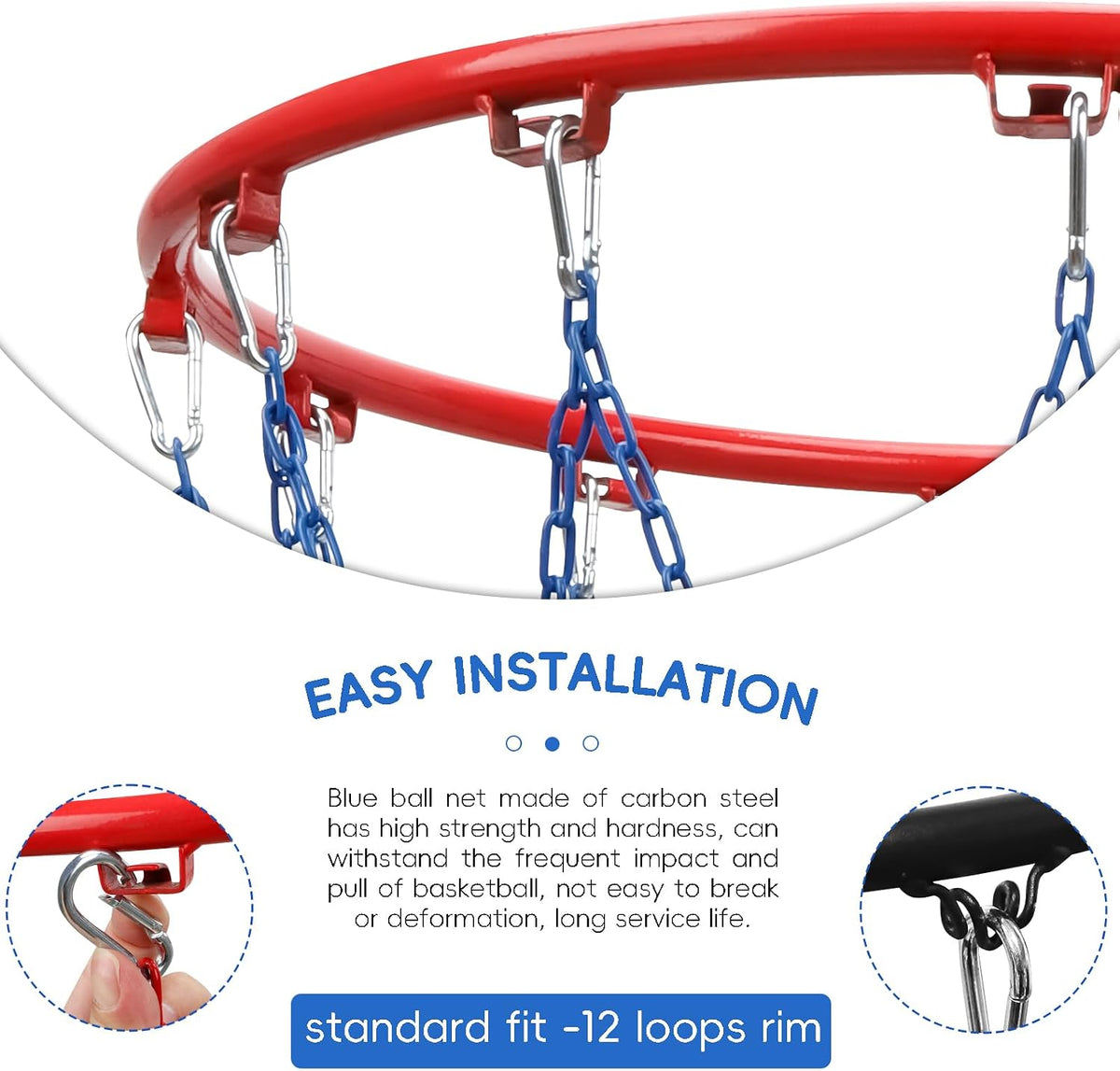 Dakzhou Heavy-Duty Metal Chain Basketball Net – Rust-Proof Braided Steel, 12 Loops, Quick & Easy Installation