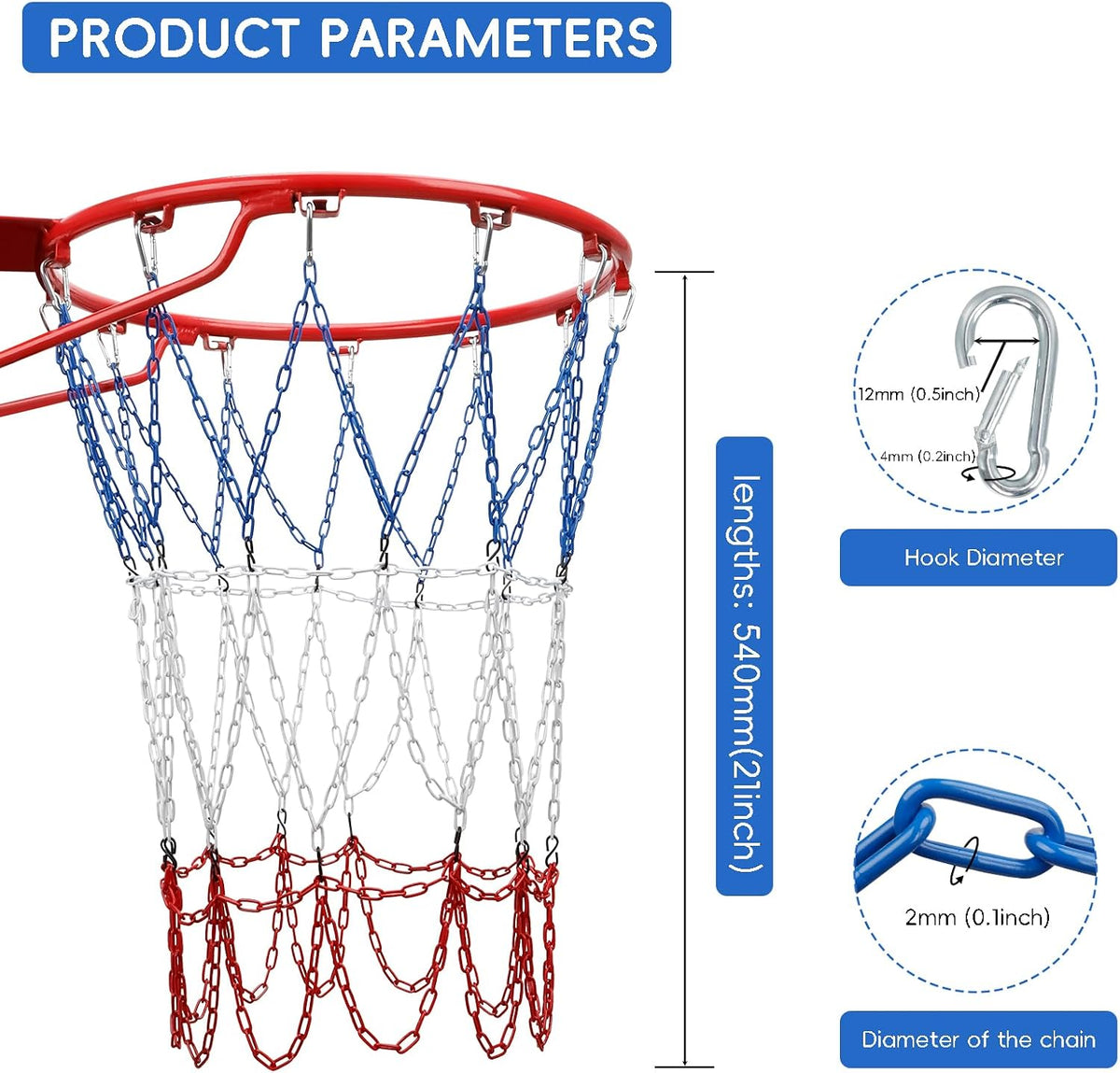 Dakzhou Heavy-Duty Metal Chain Basketball Net – Rust-Proof Braided Steel, 12 Loops, Quick & Easy Installation