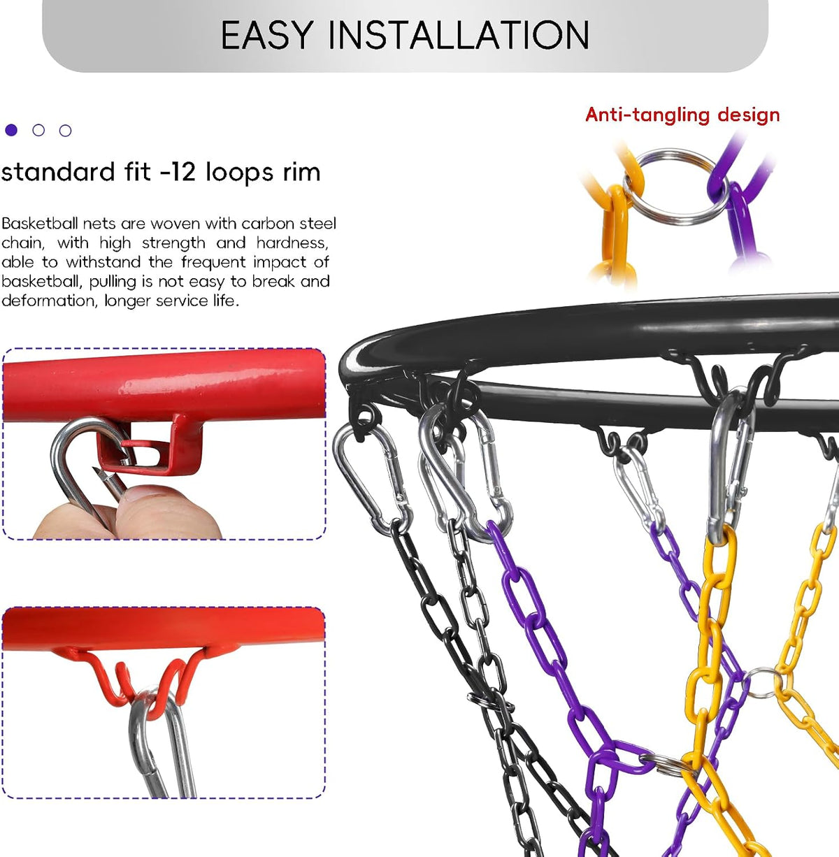 Dakzhou Heavy-Duty Metal Chain Basketball Net – Rust-Proof Braided Steel, 12 Loops, Quick & Easy Installation