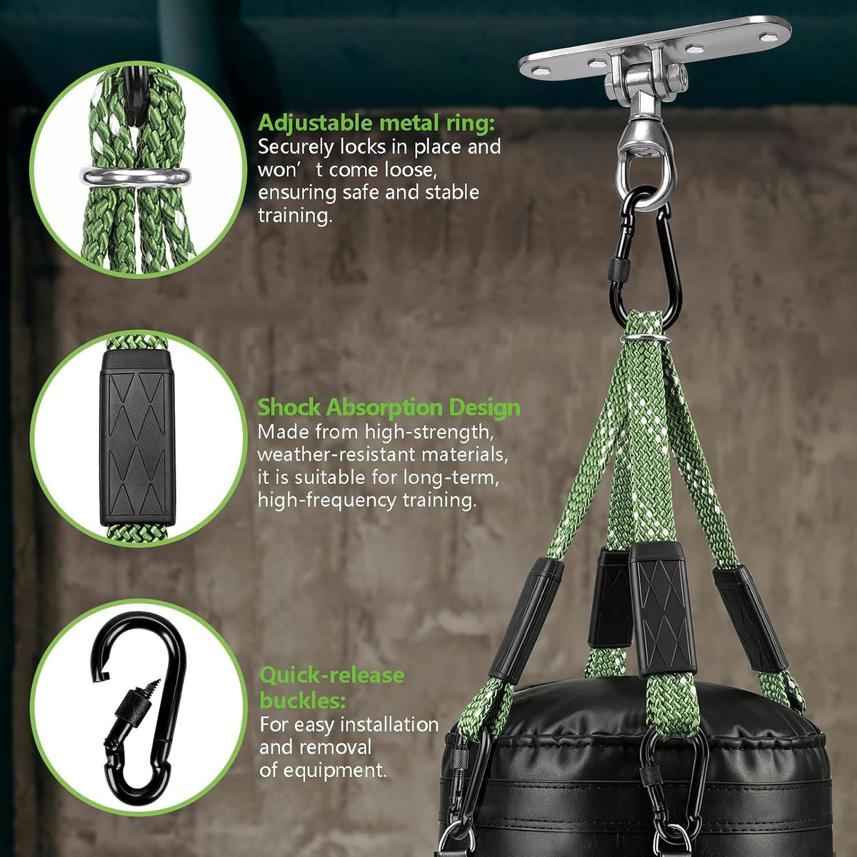 Dakzhou Heavy-Duty Punching Bag Hanger & Strap Set - 180° + 360° Swivel Ceiling & Wall Mount Hook