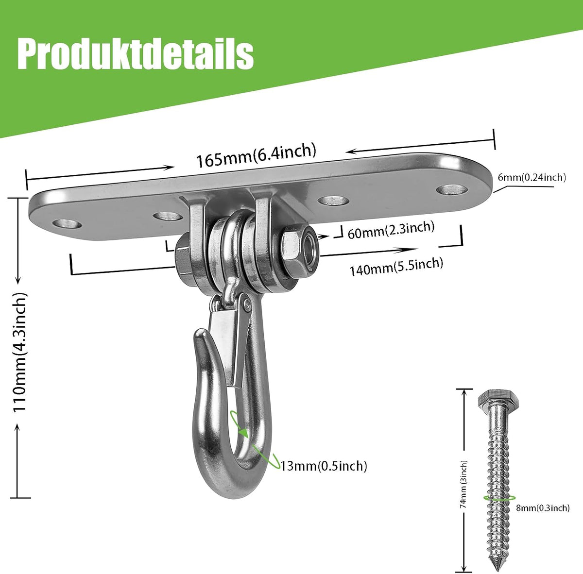 Dakzhou 4-Hole Heavy-Duty Stainless Steel Swing Hanger - 180° Swivel Mount for Punch Bags & Hammocks