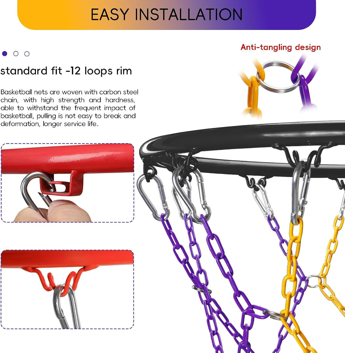 Dakzhou Heavy-Duty Metal Chain Basketball Net – Rust-Proof Braided Steel, 12 Loops, Quick & Easy Installation