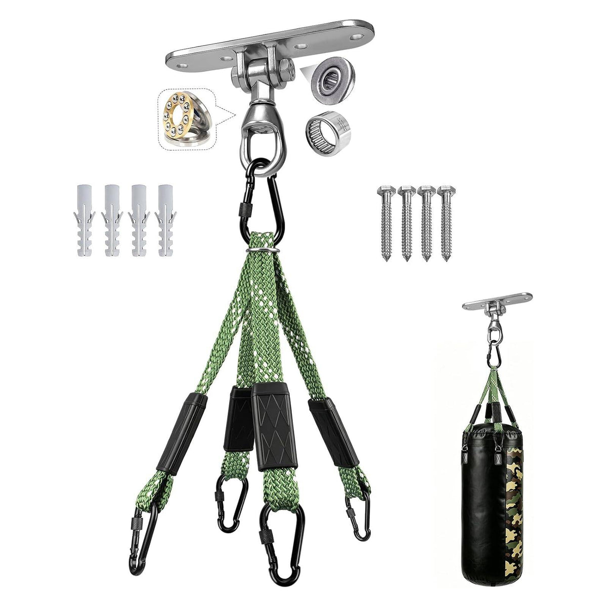 Dakzhou Heavy-Duty Punching Bag Hanger & Strap Set - 180° + 360° Swivel Ceiling & Wall Mount Hook