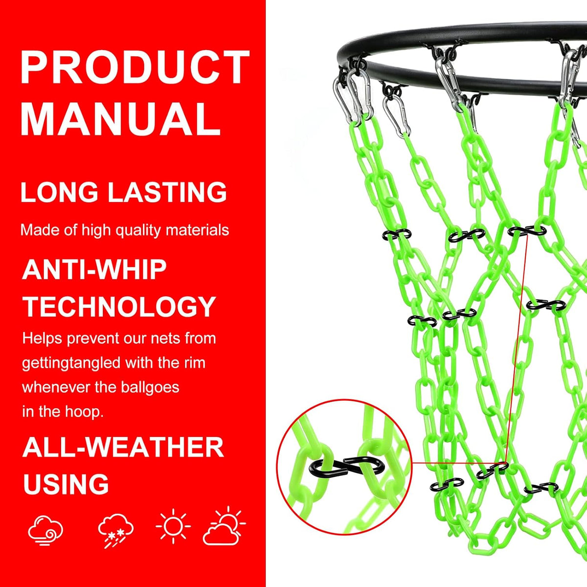 Dakzhou Weatherproof Heavy-Duty Resin Basketball Net – Anti-Rust (Standard 12-Loop)