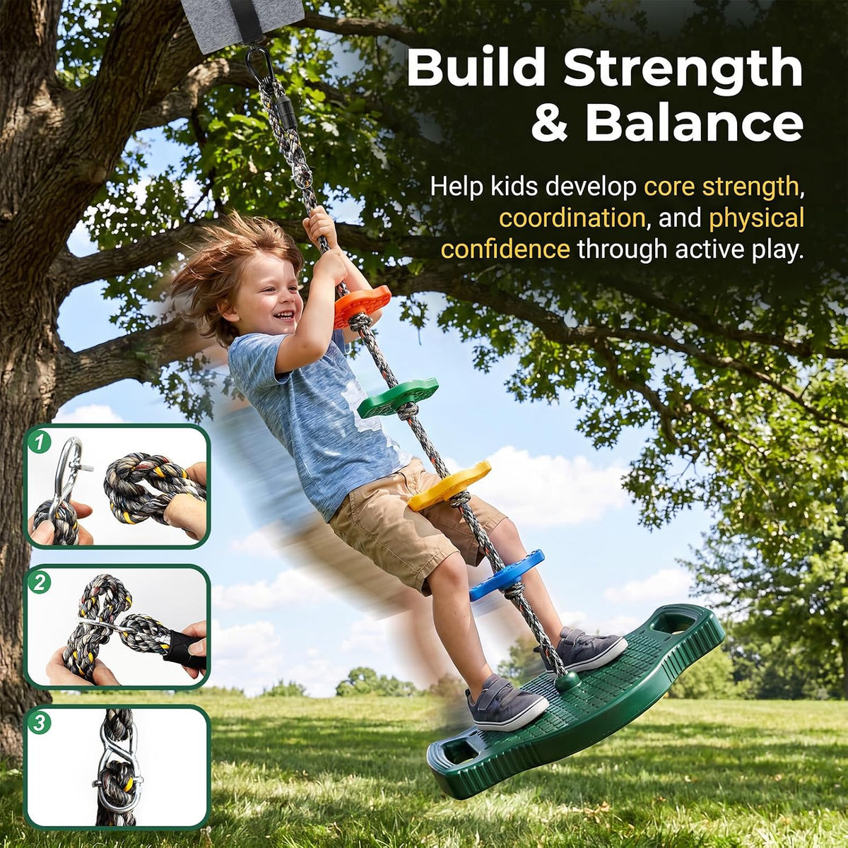 Dakzhou Upgraded Kids Climbing Rope Swing with Side Safety Handles & Tree Protector Set