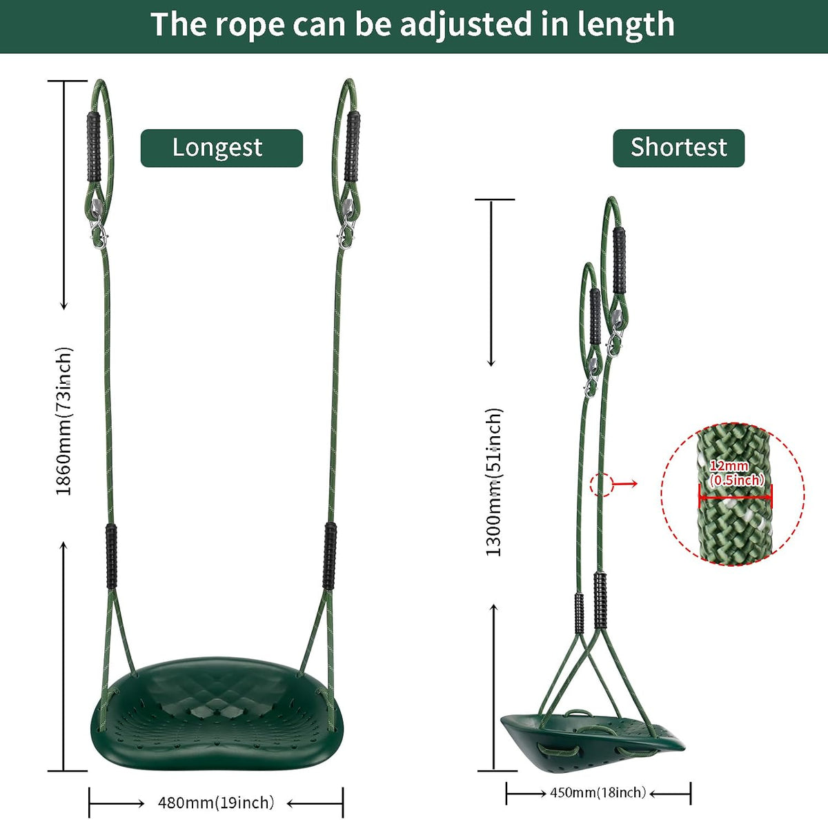 Dakzhou Heavy-Duty Tree Swing Seat for Kids & Adults | Outdoor Height-Adjustable Backyard & Garden Swing (550 lbs)
