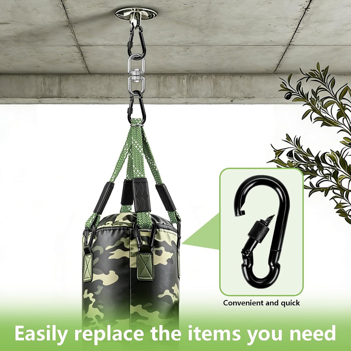Dakzhou Heavy-Duty Punching Bag Hanger & Strap Set - 180° + 360° Swivel Ceiling & Wall Mount Hook