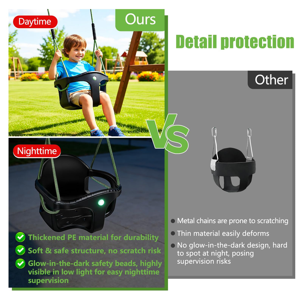 Dakzhou High Back Full Bucket Swing Seat for Toddlers | Heavy-Duty Outdoor Swing Set Accessory with Anti-Pinch Chains