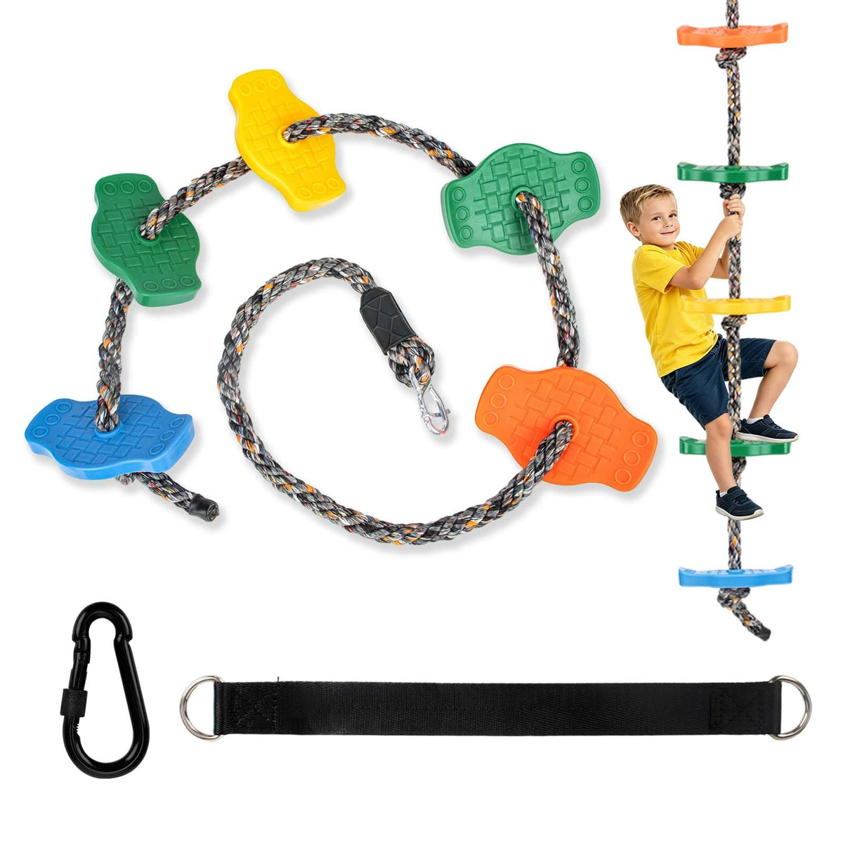 Dakzhou 5-Step Kids Climbing Rope Ladder - Heavy-Duty Outdoor Ninja Slackline & Tree Swing Accessory (165 lbs Capacity)