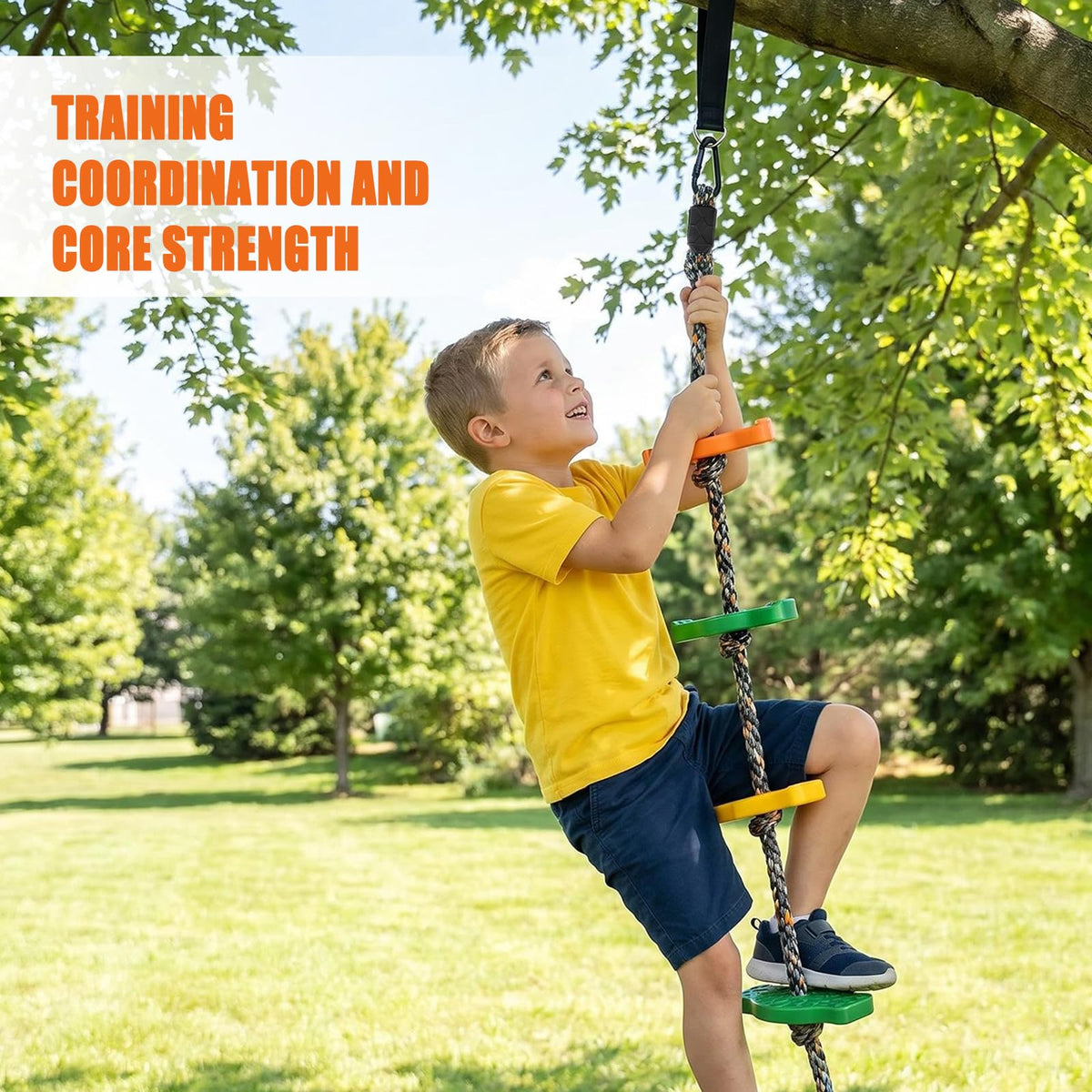 Dakzhou 5-Step Kids Climbing Rope Ladder - Heavy-Duty Outdoor Ninja Slackline & Tree Swing Accessory (165 lbs Capacity)