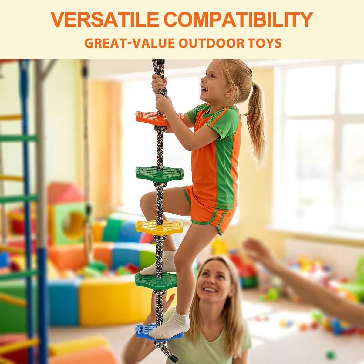 Dakzhou 5-Step Kids Climbing Rope Ladder - Heavy-Duty Outdoor Ninja Slackline & Tree Swing Accessory (165 lbs Capacity)