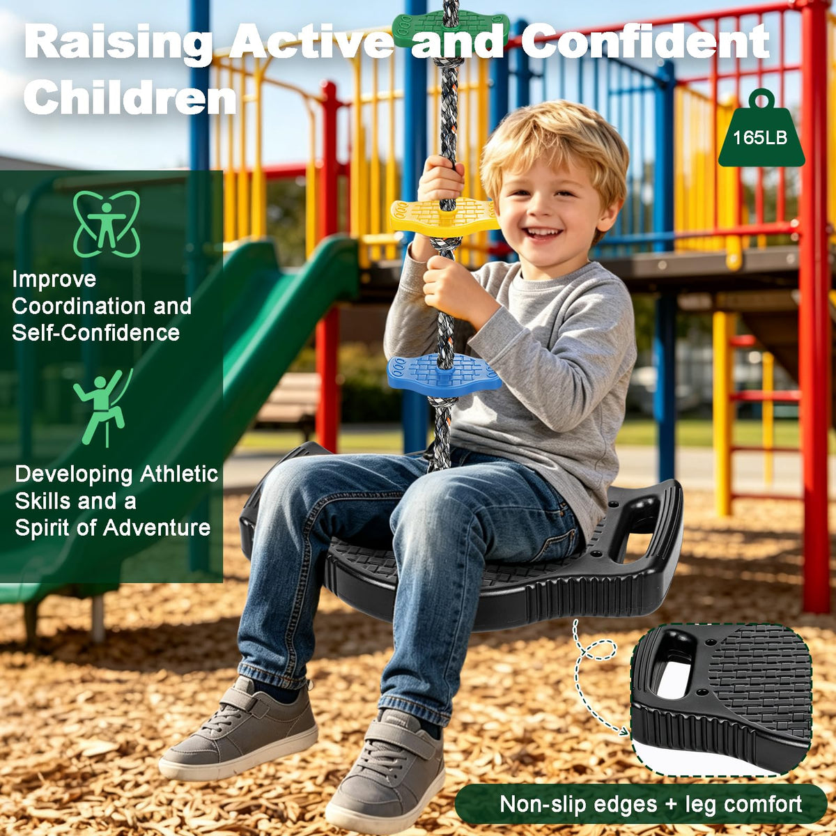 Dakzhou Upgraded Kids Climbing Rope Swing with Side Safety Handles & Tree Protector Set
