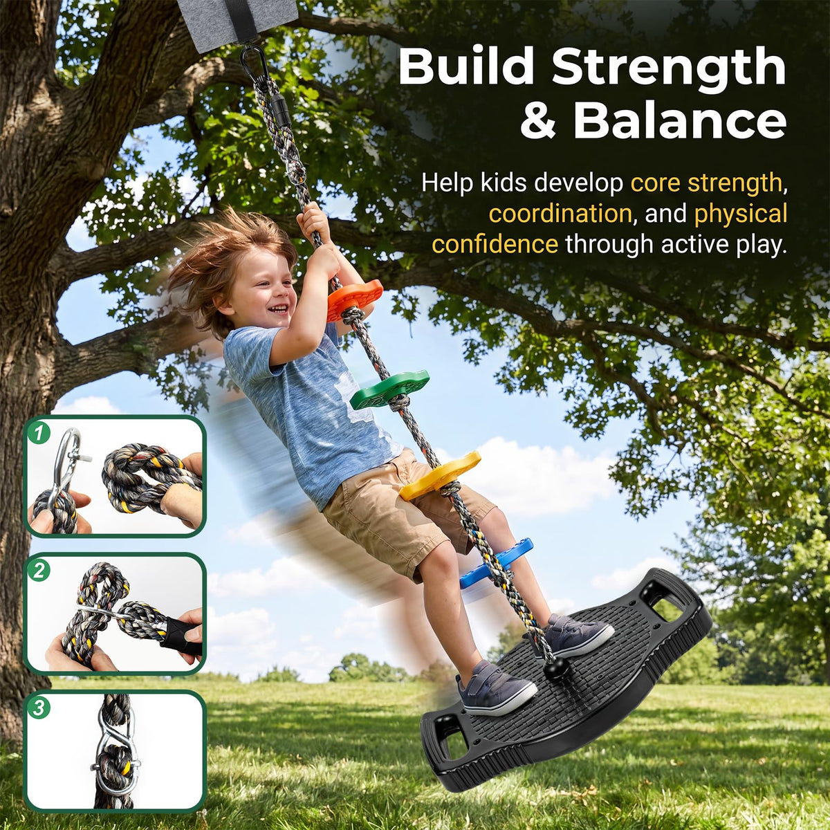 Dakzhou Upgraded Kids Climbing Rope Swing with Side Safety Handles & Tree Protector Set