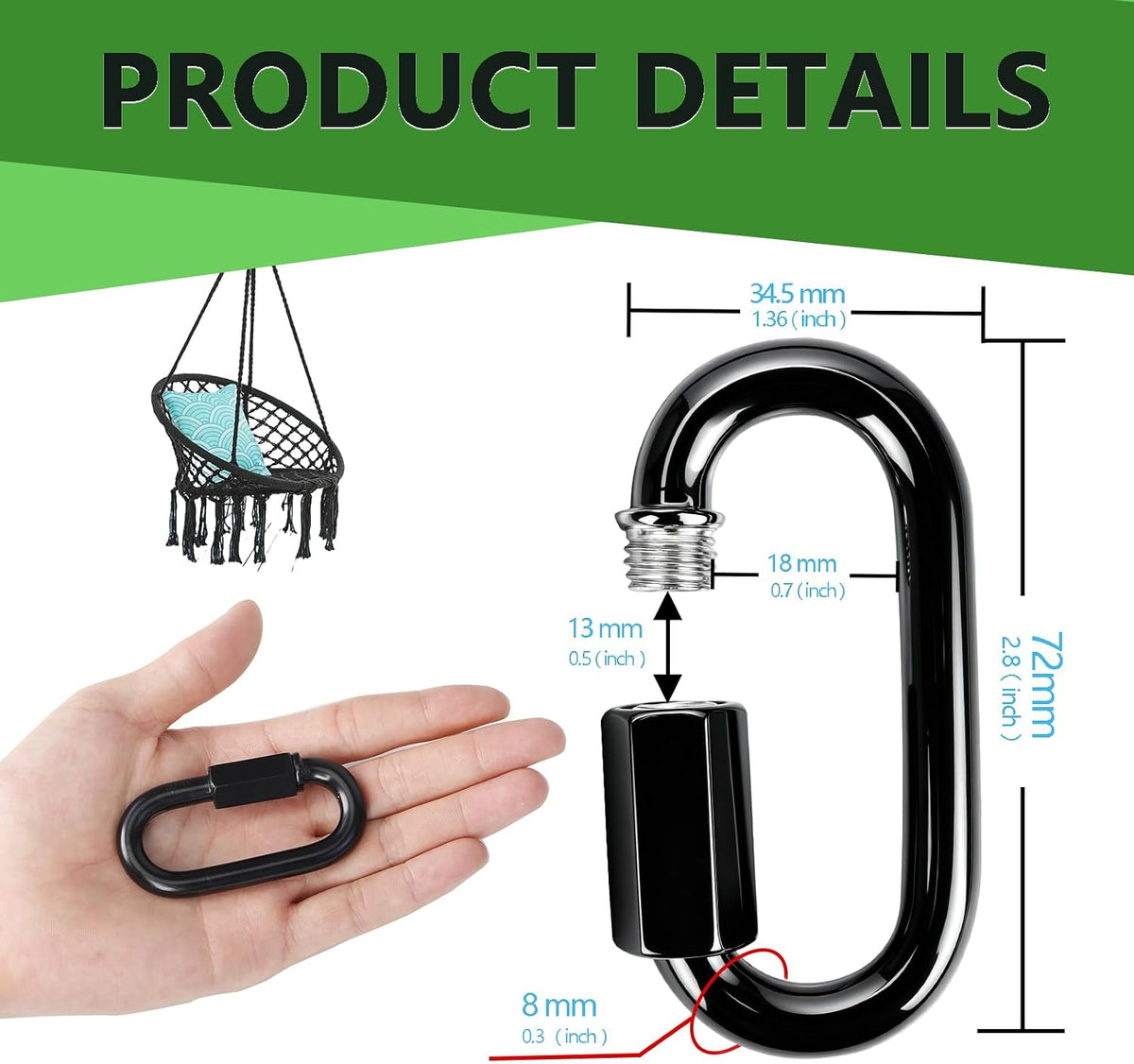 Dakzhou Stainless Steel Quick Link Chain Connector & Screw Carabiner – Heavy Duty Locking Link for Hammocks, Camping, & Swing Sets